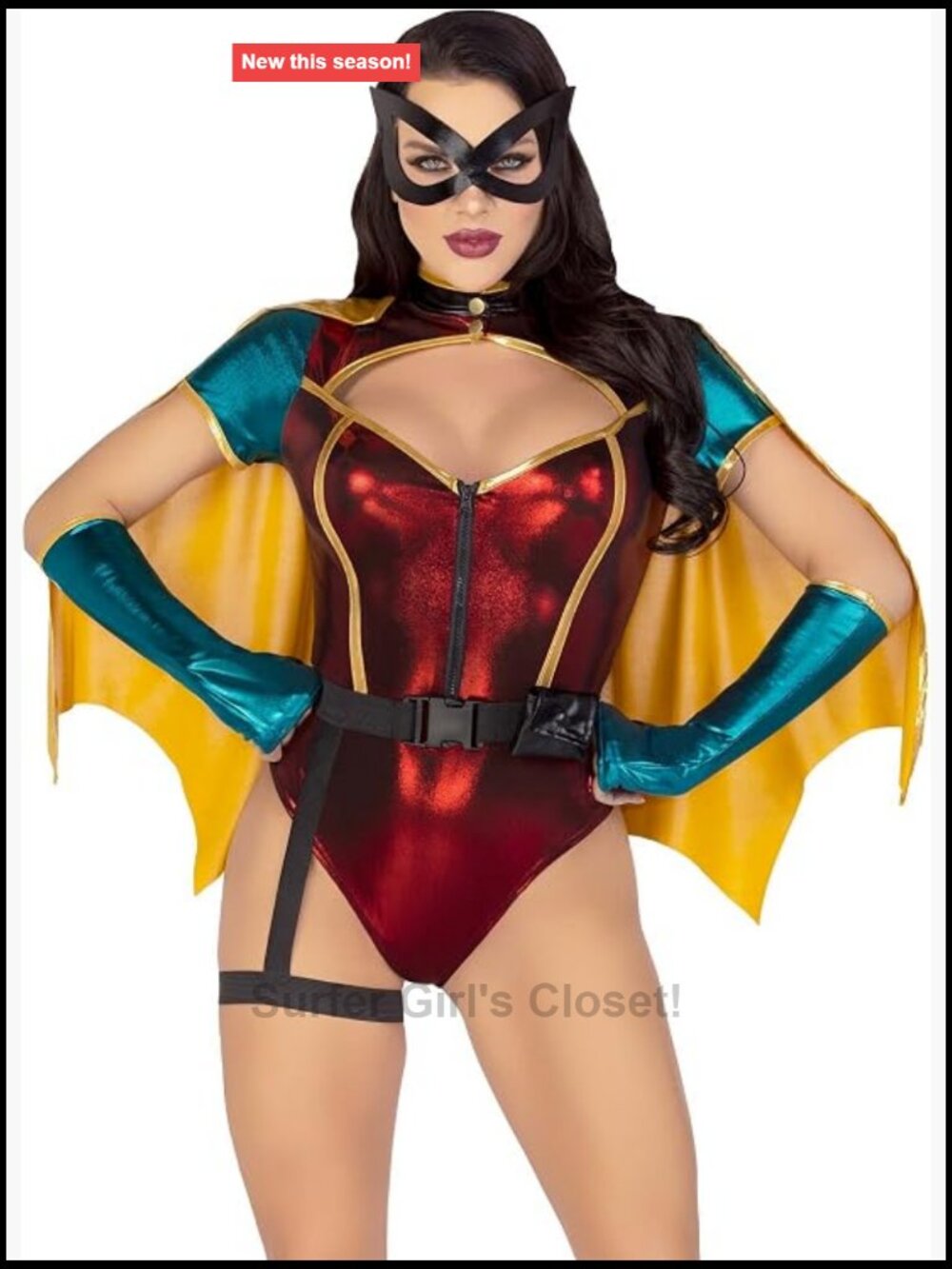 Womens 5pc Superhero Costume with Cape Gloves Mask Belt Bodysuit